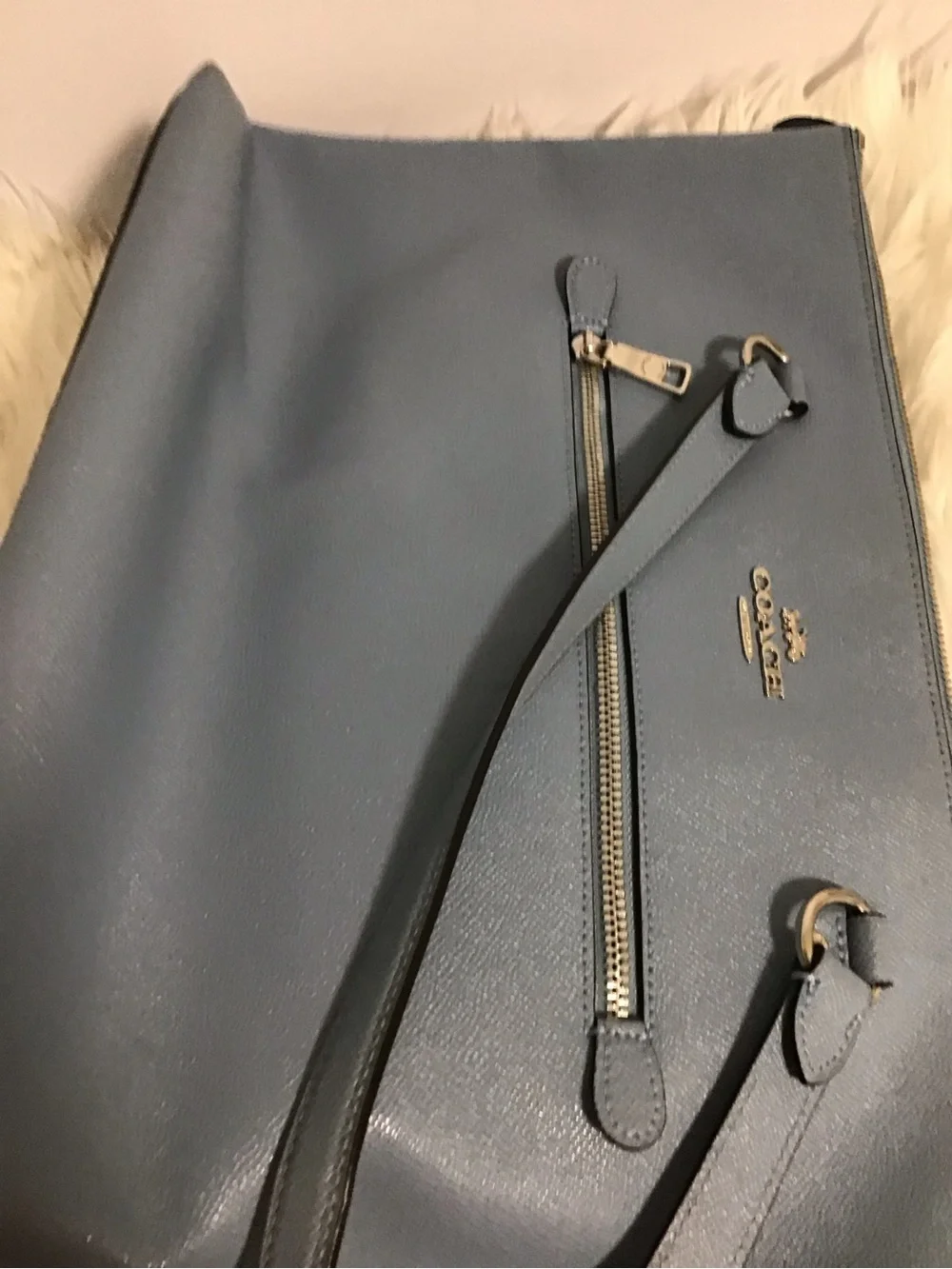 Coach Slate Blue Leather Zip-Top Tote can fit laptop 13”